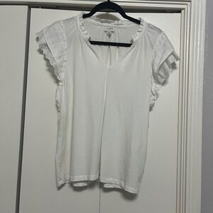J.Crew Re-Imagined White Eyelet Flutter Sleeve Ruffle Neck Cotton Top Womens M